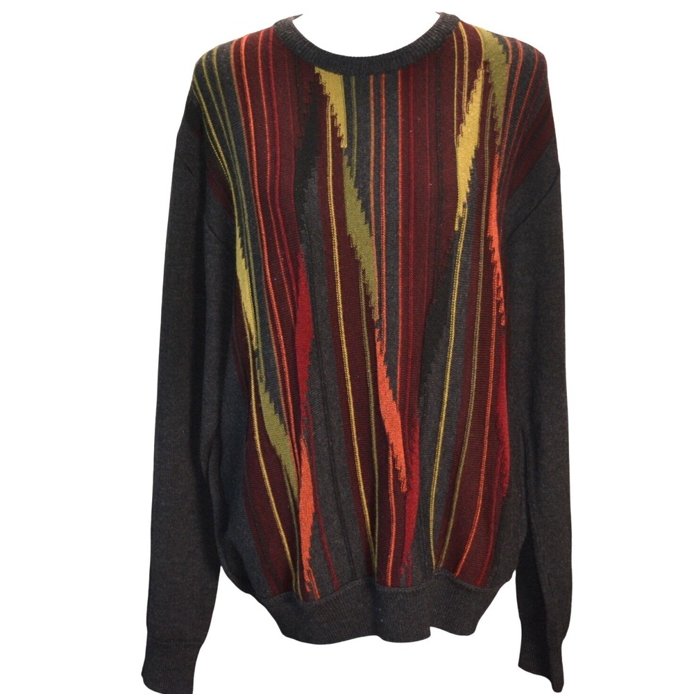 Montechiaro Wool Blend Crewneck Sweater casual Gray Abstract Stripe XL Italy